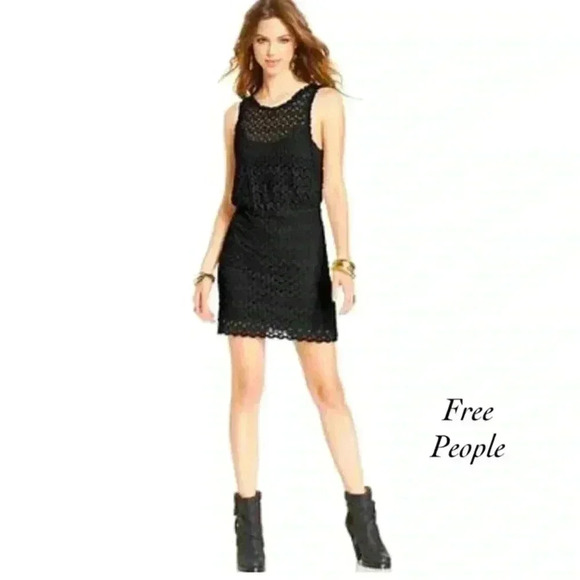 Free People Black Cut Out Crochet Pull Over Dress Size L - Picture 1 of 6